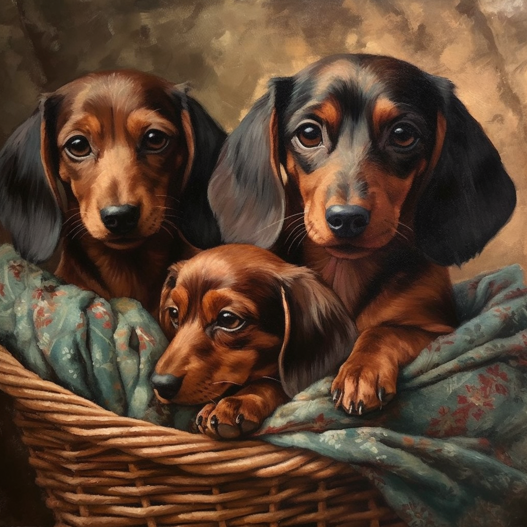 AbbeyRoad_Hyper_detail_portrait_of_dachshunds_puppies_in_a_bask_bd6eb9ac-0f3e-4258-aeec-dacfbdffc27c